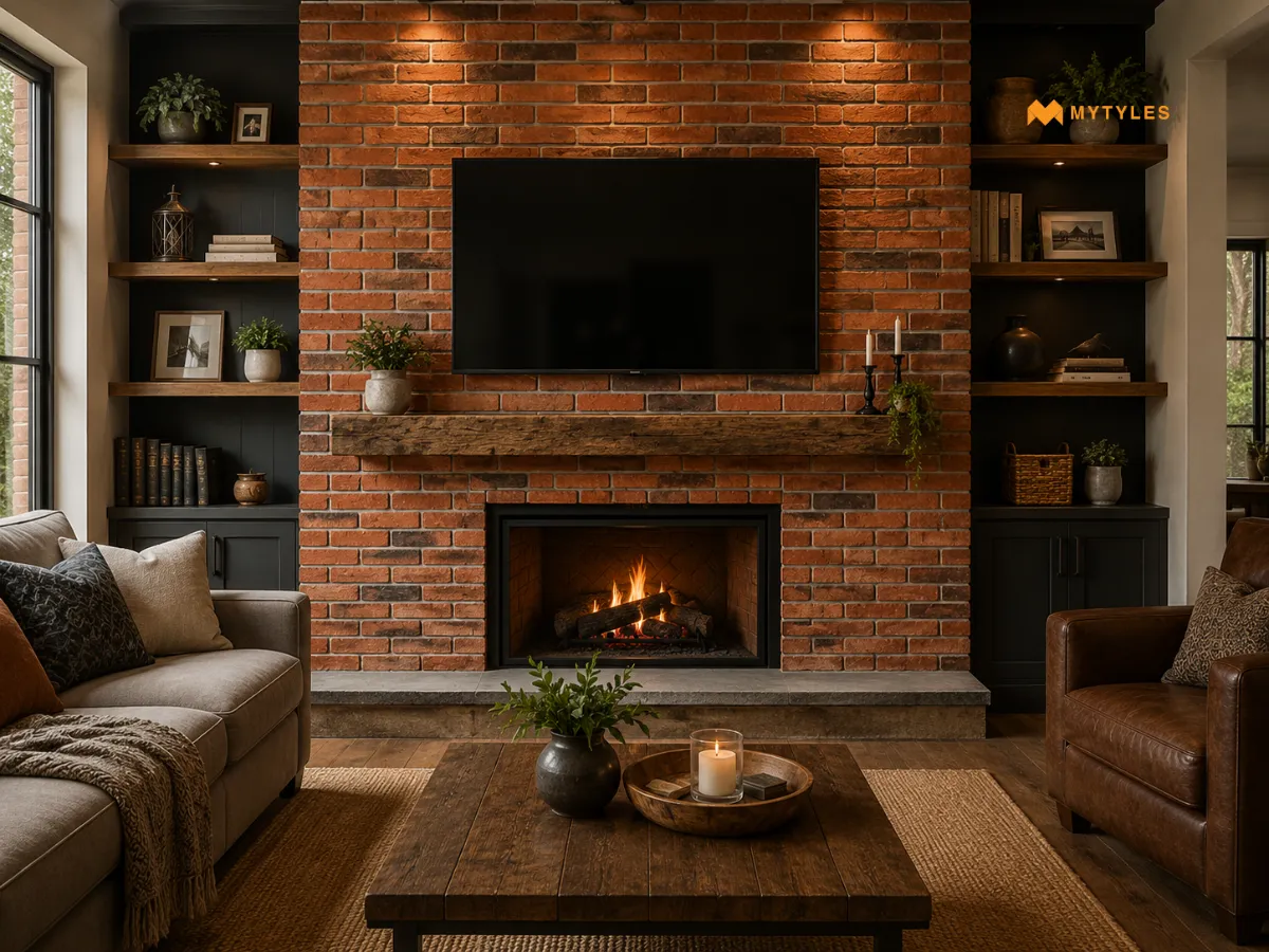 Natural Brick Cladding in TV Unit